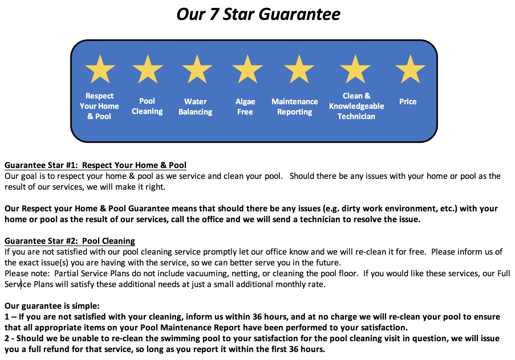7 Star Delvalle Pool Service Guarantee