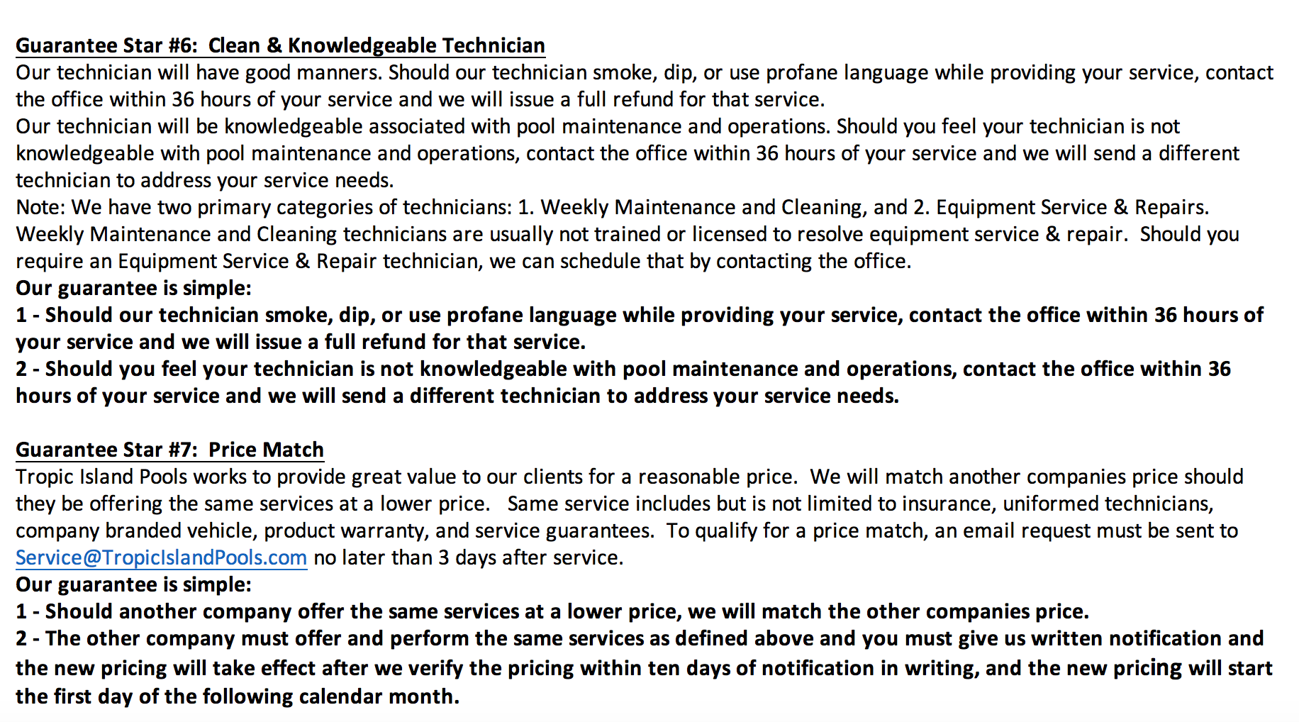 7 Star Delvalle Pool Service Guarantee
